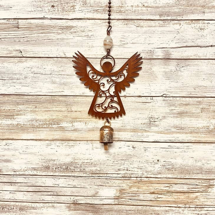 Angel with Wings Up Rusty Metal Bell Chime Mobile