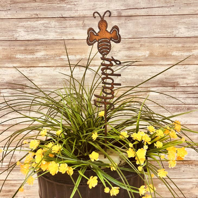 Bee Happy Rusty Metal Bumble Bee Garden Plant Stake