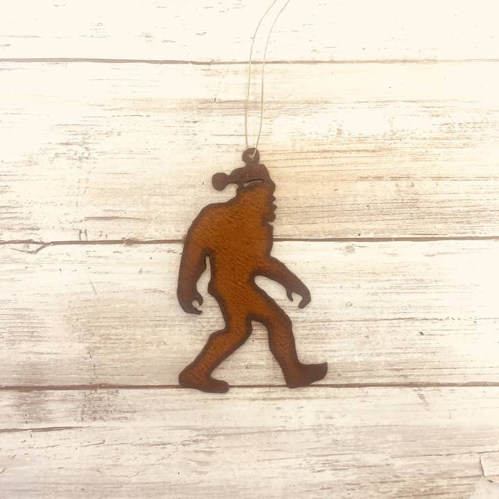 Bigfoot Yeti Sasquatch with Santa Hat Rusty Metal Christmas Ornament