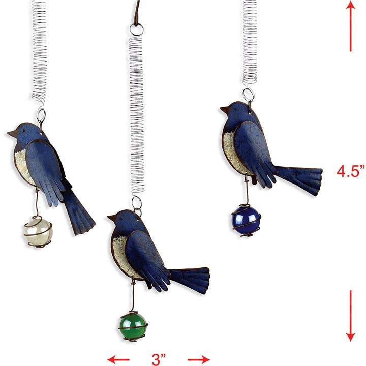 Blue Bird Bouncy Hanging Mobile Decor | Metal Garden Art | Iron Owl