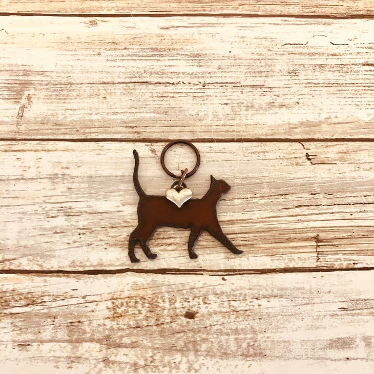 Cat Rusty Metal Key Chain with Silver Heart