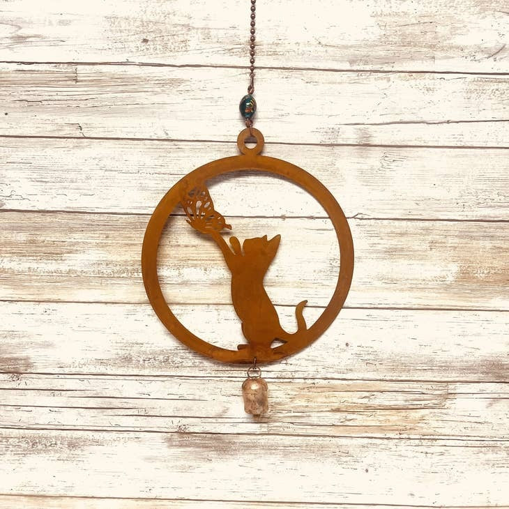 Circle 8" Rusty Metal Cat with Butterfly and Bell