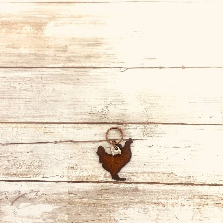 Chicken Rusty Metal Key Chain with Silver Heart