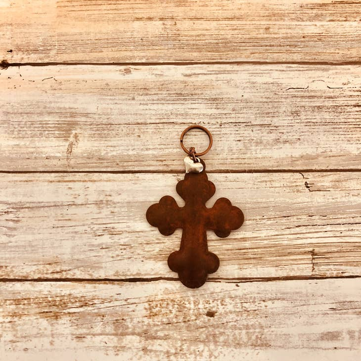 Cross, Puffy Rusty Metal Keychain with Silver Heart