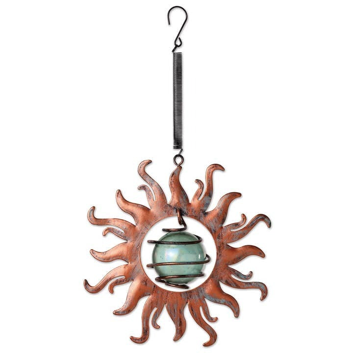 Copper sun and blue marble bouncy mobile for artistic garden decor