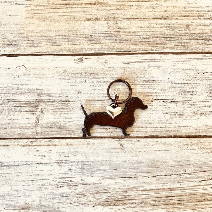 Dachshund Rusty Metal Dog Key Chain with Silver Heart