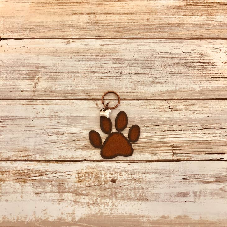 Paw Rusty Metal Keychain with Small Silver Heart