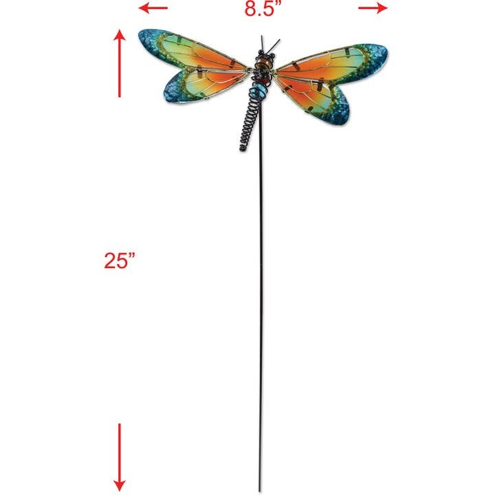 Dragonfly Plant Stake Orange, Blue, Green Glass and Metal