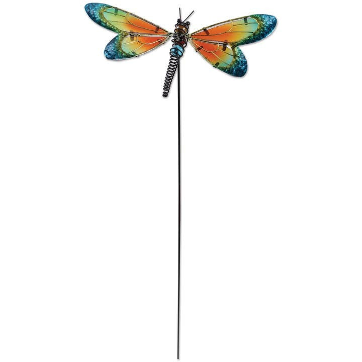 Dragonfly Plant Stake Orange, Blue, Green Glass and Metal