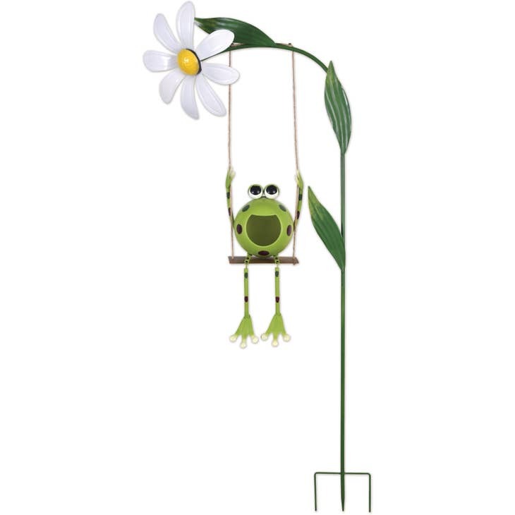 Frog Swinging  On a Daisy Large Metal Yard Garden Stake