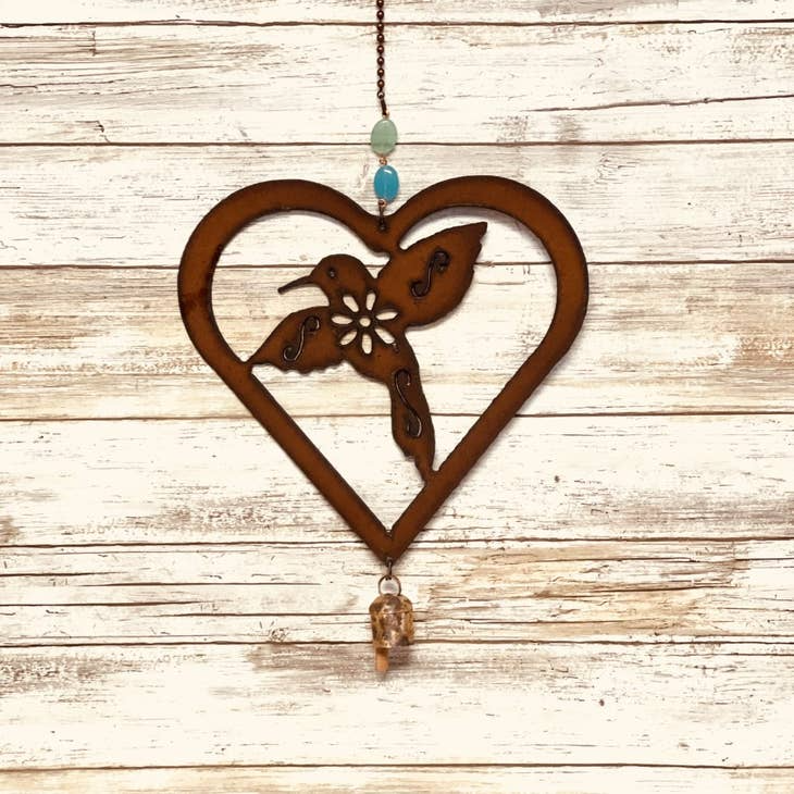 Heart Outline with Hummingbird Rusty Metal Bell Chime Mobile