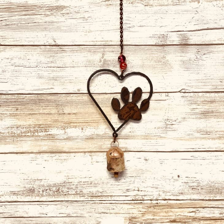 Heart Outline with Paw Bell Rustic Metal Pet Gift Chime