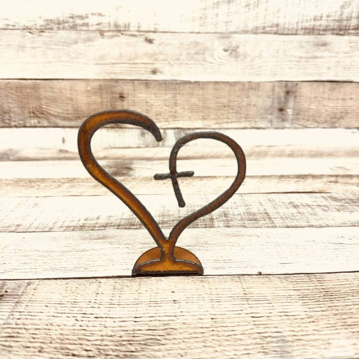 Heart with Cross Rustic Metal Standing Figurine Doo Dad USA Made