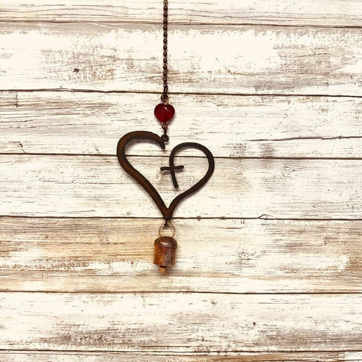 Heart with Cross Single Rusty Metal Bell Chime