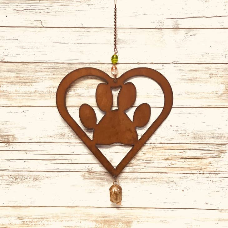 Heart with Paw 9" Rusty Metal Bell Chime