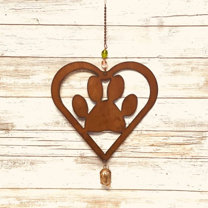 Heart Outline with Paw Print Rusty Metal Bell Chime Mobile