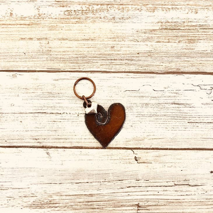 Heart with Swirl Rusty Metal Keychain with Silver Heart