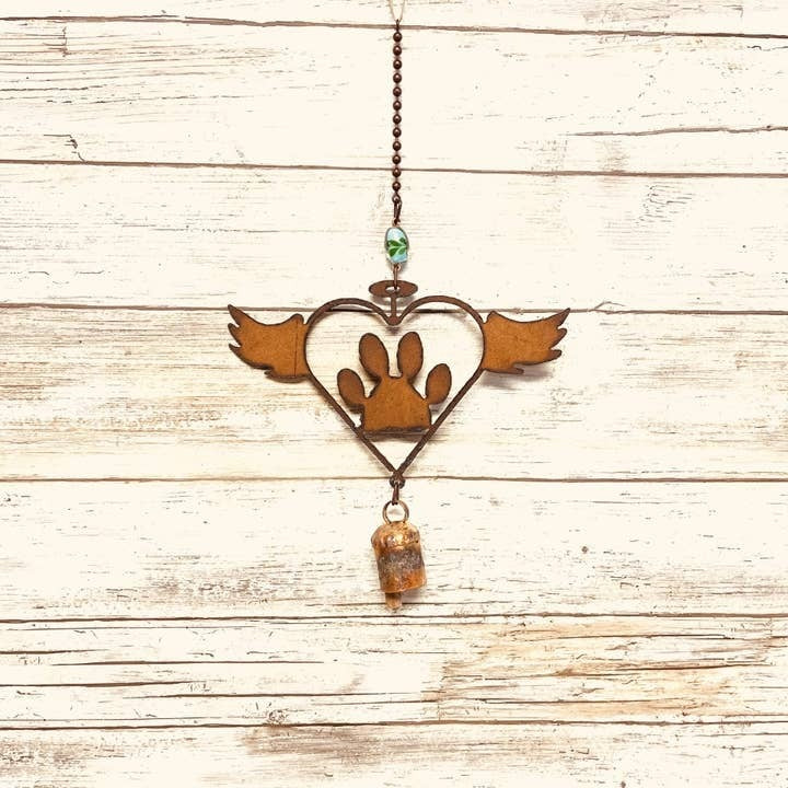 Flying Heart Outline with Paw and Wings Rusty Metal Memorial Chime