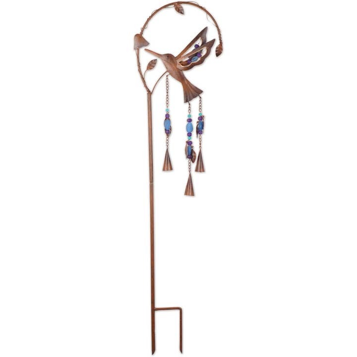 Hummingbird garden stake with copper metal and colorful glass accents