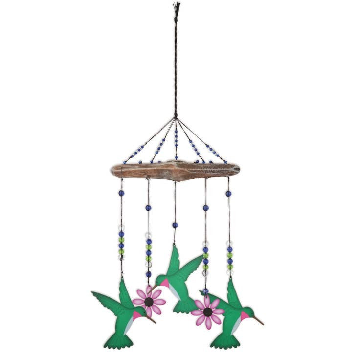 Hummingbird Painted Metal Wind Chime with Driftwood and Beads