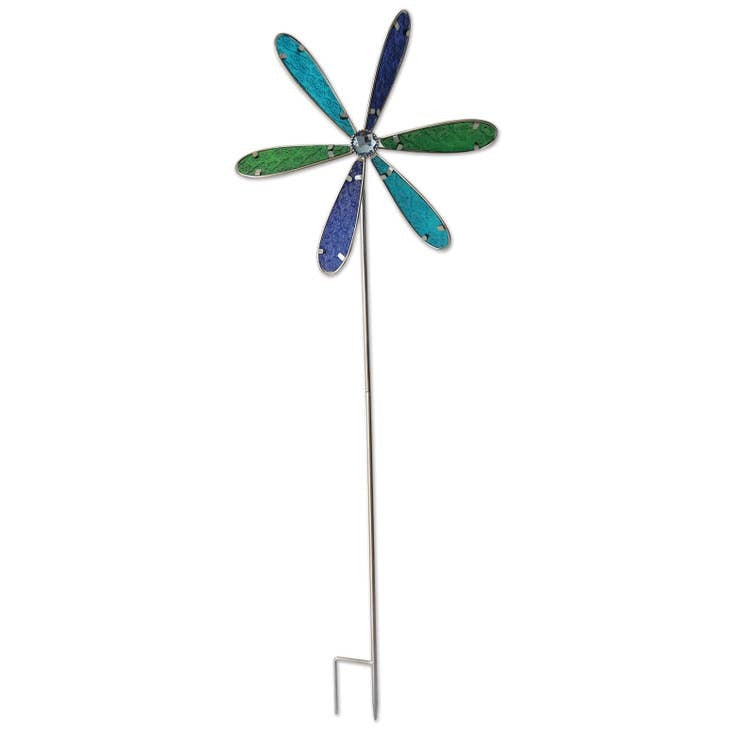 Pinwheel  Blue, Aqua and Green Metal and Glass Large Yard Stake Garden Decor