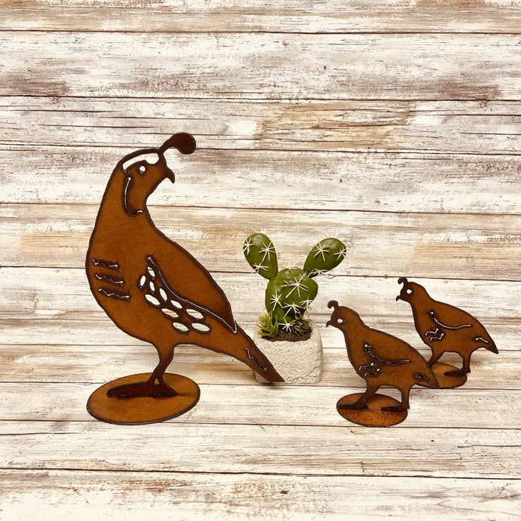 Quail Mom and 2 Babies Two Dimensional Southwest Garden Art