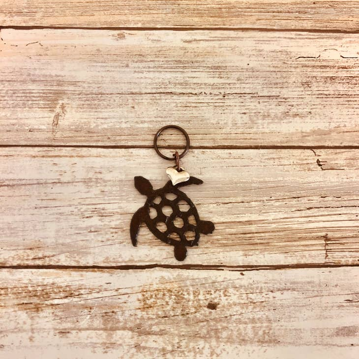 Turtle Rusty Metal Keychain with Small Silver Heart