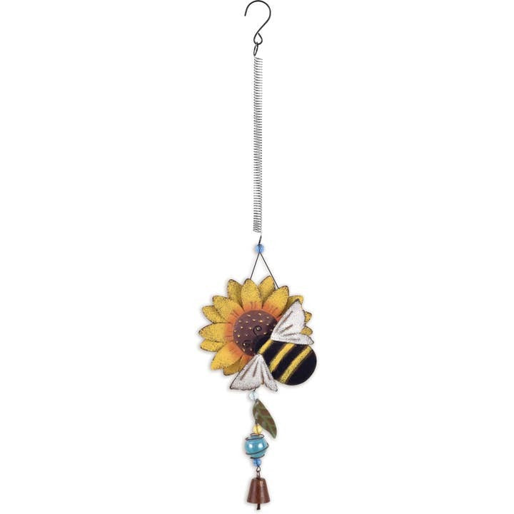 Hand-painted metal sunflower and bee mobile bouncy garden decoration