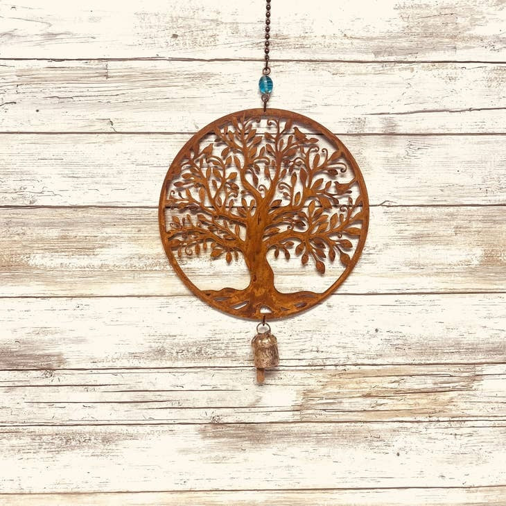 Circle  8" Tree of Life Rusty Metal Garden Bell Decor Chime